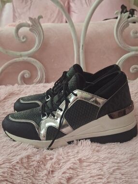 Michael Kors Black and Silver Lace-Up Wedge Sneakers NWOB